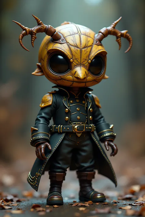 generate images of kawaii chibi character of (beetle head) zany scarecrow with a horror fantasy theme,(hands on hips:1.5), clothes must be highly intricate military style , elegant, and visually striking, highly detailed leather boots, resembling digital p...