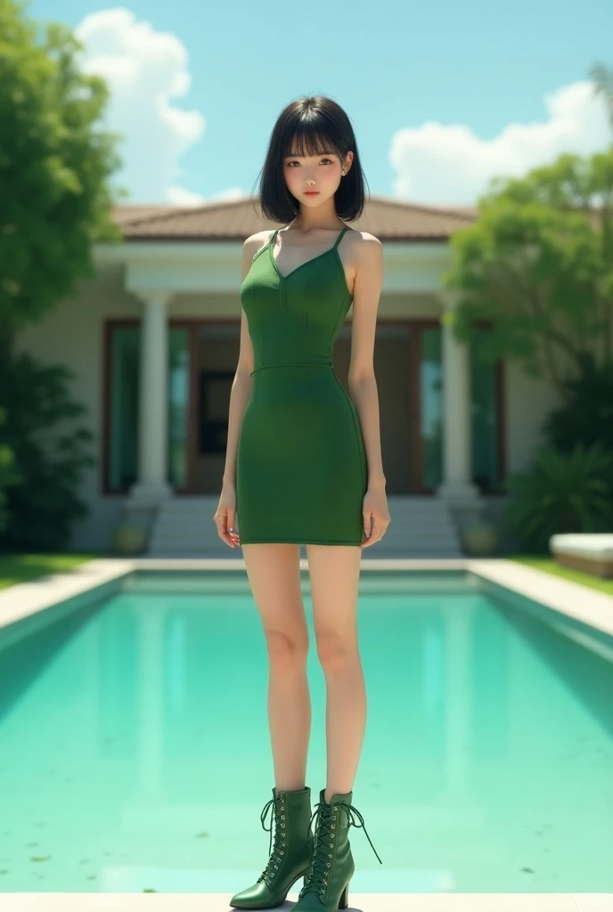 Young Asian woman flat hair small chest green mini dress tight-fitting green mini dress green boots with laces standing in front of the pool of a villa