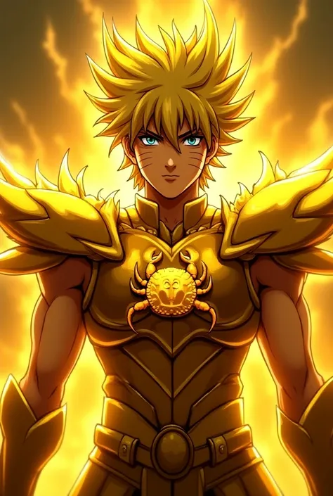 Saint Seiya wears a stunning golden armor inspired by the Cancer Gold Armor of the Knights of the Zodiac.. The armor is made with details that refer to the sign of Cancer., with shapes that evoke the crab, like stylized claws and hooves on the shoulder pad...