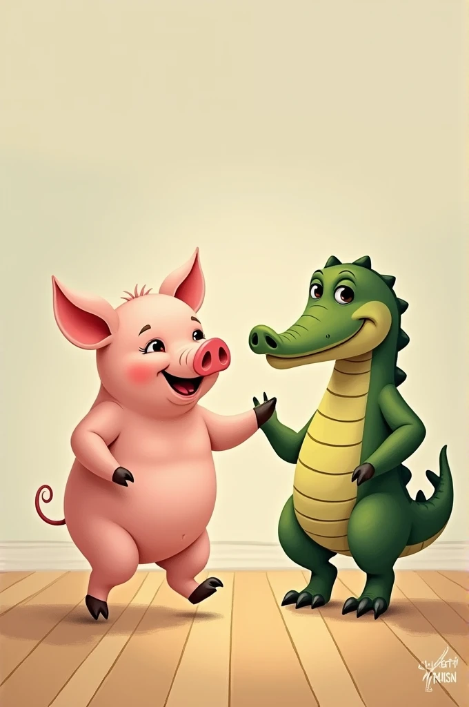 A pig dancing on floor with a crocodile 