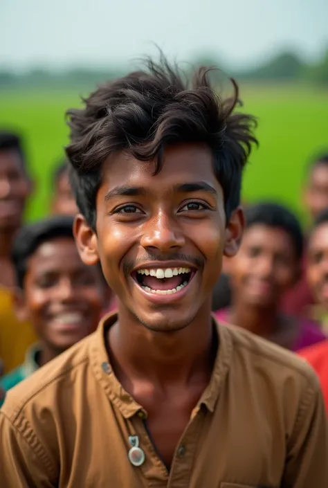 Close-up of Raju is a 22 years old boy speaking passionately, his expression full of confidence and inspiration. The background shows villagers nodding, inspired by his words, and the bright green field adds to the positive vibe. Smiling on face of raju