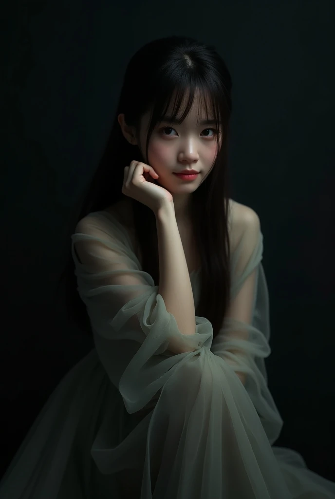 fashion composition, magnificent quality, perfect Japan girl, masterpiece, bangs long hair, sitting, smile, hand on face, dark deep shadow, low key, cold light, sitting, real human skin,