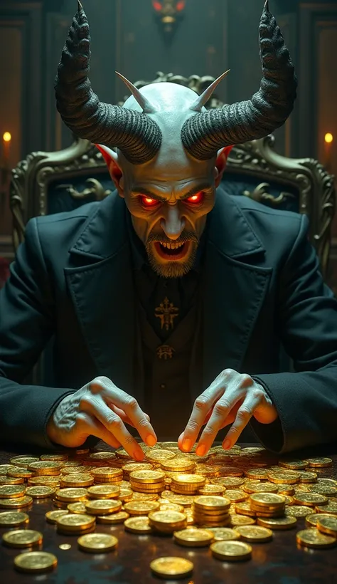 A ghost and demonic-looking banker, with horns and red eyes, sitting at a table counting stacks of gold coins. 