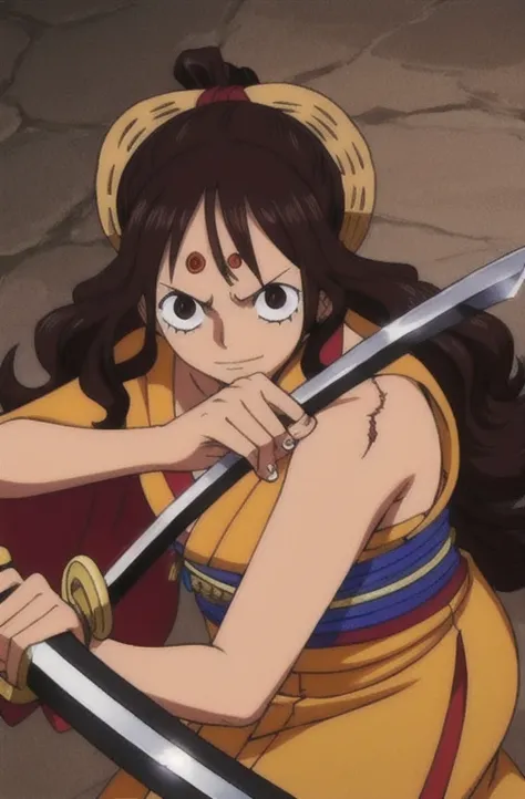  Creating a One Piece Girl; dark-skinned,  curly long hair  ( dark brown color ),  scars on the cheek , with a kimono  (negro) and a katana . ( with Shanks from One Piece )