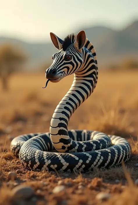 :

"Create a hyper-realistic image of a hybrid animal combining the characteristics of a snake and a zebra. The creature should have the long, sinuous body and scales of a snake, but with bold black and white zebra stripes covering its entire body in a sea...