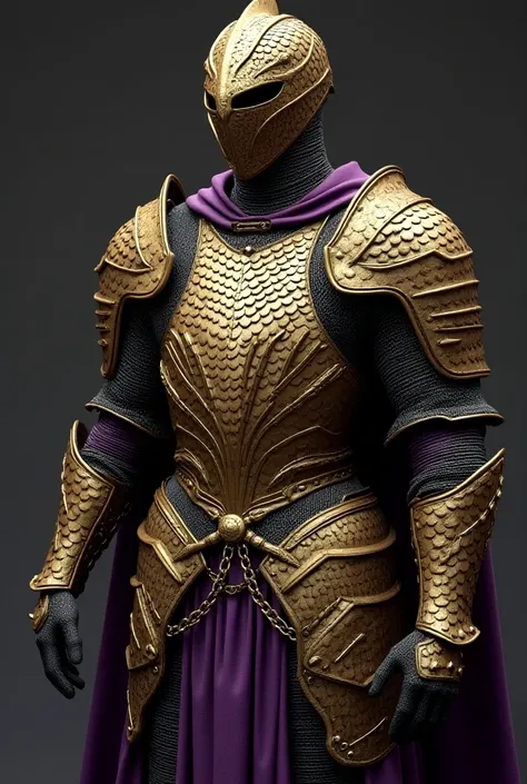 medieval armor,  super realistic , Chainmail with golden dragon scales,  purple parts of clothing are visible 