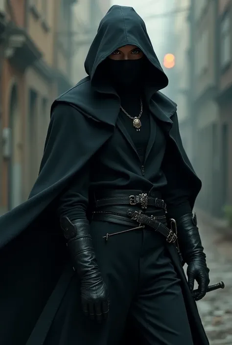 A person wearing black clothes and carrying a sword, a killer, a steel detective from a false birth, a beautiful killer, a dark masked ghost, a warrior thief, a rogue Tifling, a rogue female, a female Jedi, a red killer, a beautiful rogue lady, a rogue fem...