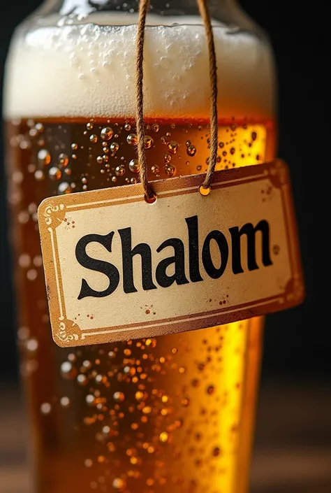  Beer bottle tag, TEXT: "Shalom", Small Bubbles, Sparkles, Glistening 3D photorealistic, Pop Art, 255k, sharp, depth of field, high-speed action, ultra-wide-angle highly detailed. complementary colors, scratches on canvas, Shot with Canon EOS Rebel T7, Man...