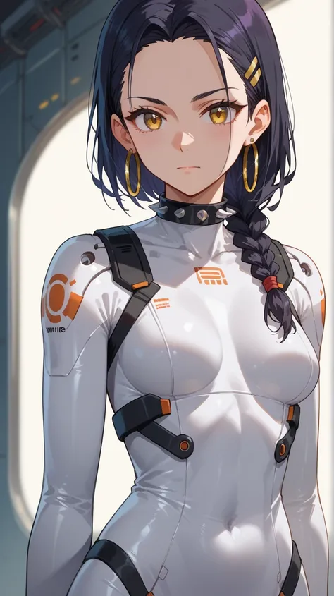 A anime girl with long, braided black hair and striking gold eyes, dressed in a slim-fitting silver bodysuit with purple and black accents. She has a spiked choker and small hoop earrings, standing in an industrial spaceport with starships and loading dron...