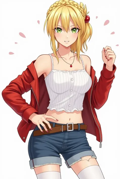 mordred_(fate),blonde_hair,sidelocks,ponytail,half_up_braid,hair_scrunchie,green_eyes,small_breasts,midriff,navel,collarbone,red_leather_jacket,white_crop_top,spaghetti_strap,off_shoulder,denim_shorts,cutoffs,belt,belt_boots,necklace,white pantyhose,