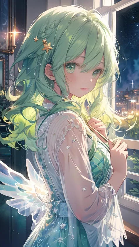 ((Super detailed),Heavenly night sky background ,Beautiful Star, The light from the window behind it is backlit,, Subdued watercolor pattern ),( Watercolor Texture ), (( 1 girl), Long Green Wave Hair ,Green Hair, green eyes,Adorable,Angelic),lightsmile,Kin...