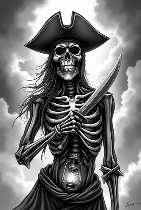 Black and white skeleton pirate tattoo in the clouds with lantern 