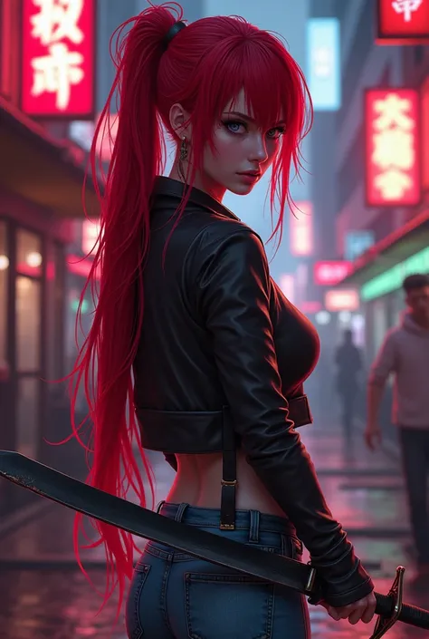 masterpiece, Best Quality, 8k, highest resolution,  absurd,  Extremely detailed,  Red Hair Ponytail 　Female Swordsman　Swords on the Cheek 　 sharp eyesight 　 hold up a weapon　 Cyberpunk Neon Street Back Alley　Lower Body Covered in Jeans 　The Burning City