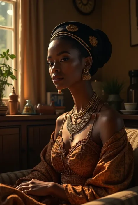 An African woman surrounded by luxurious items in a modest home, wearing fine clothing and gold jewelry, her expression glamorous yet somber, African traditional attire, rich textures and warm lighting, African village backdrop.

