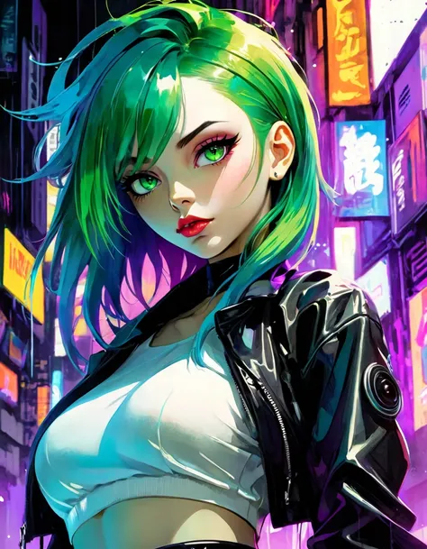 1girl, solo, A girl wearing white cyberpunk outfit , green hair ,purple eyes, long hair, rebellious, neon city , pants, innocent expression, soft lighting, subtle shadows, youthful appearance, glowing lighting, dynamic background, high contrast ,intensely ...