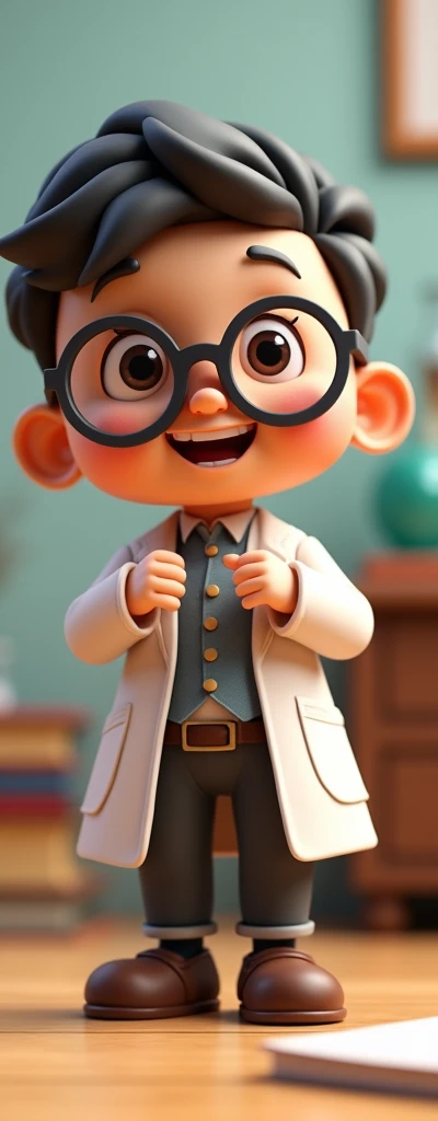 Young professor wearing glasses, 3d chibi animation style