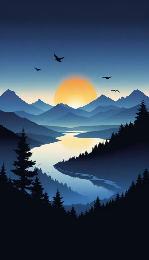 a captivating t-shirt illustration featuring a serene sunrise over a mountain range. the scene should be depicted in a minimalis...