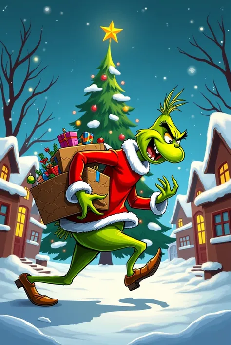 i want a poster of grinch stealing christmas, cartoon sytle