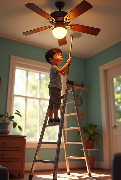 Boy standing on a ladder to clean ceiling fan. Show ladder full in photo . More realistic 