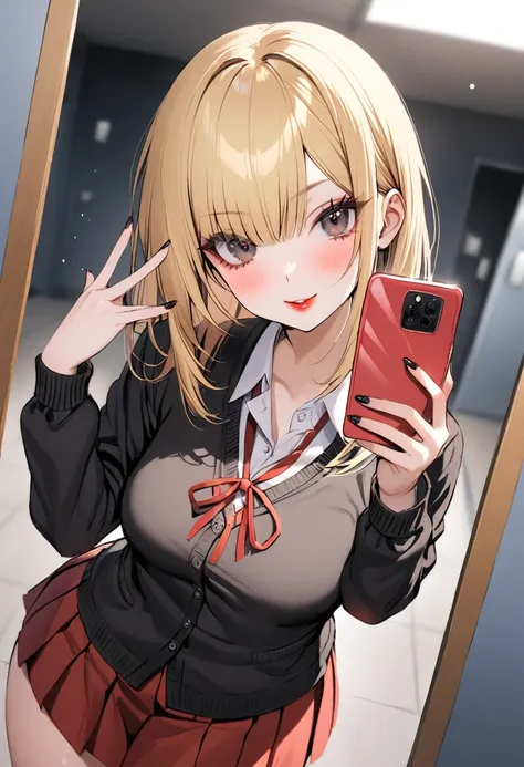 one woman, wide hips, blonde hair, straight hair, side bangs, flat hair, black eyes, long eyelashes, school uniform, white collar, black cardigan, red ribbon, red skirt, thick thighs, red lipstick, black nails, selfie, School bathroom background