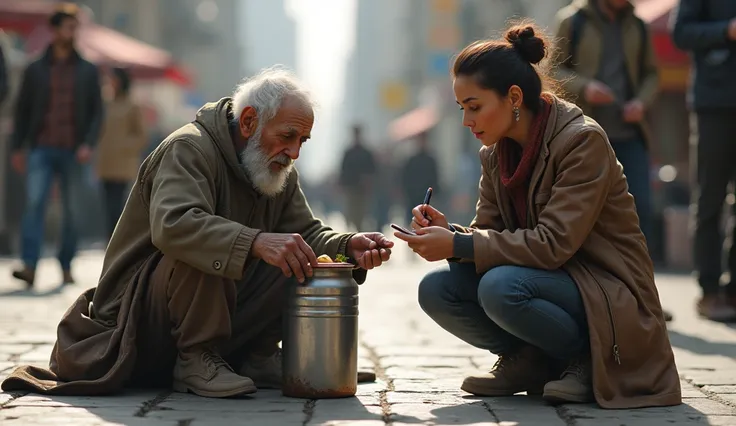 Elderly beggar with can receiving alms and The adult is sitting with me and writing