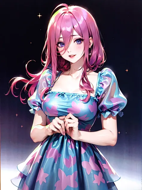 s0ftm1n1, dress, short sleeves, puffy sleeves, layered dress, cowboy shot,, absurdres, ultra detailed, masterpiece, best quality, aesthetic, detailed,, Alone, Nakano Miku / Go-Toubun no Hanayome, 1girl, pink hair, purple eyes, swept bangs, parted bangs, lo...