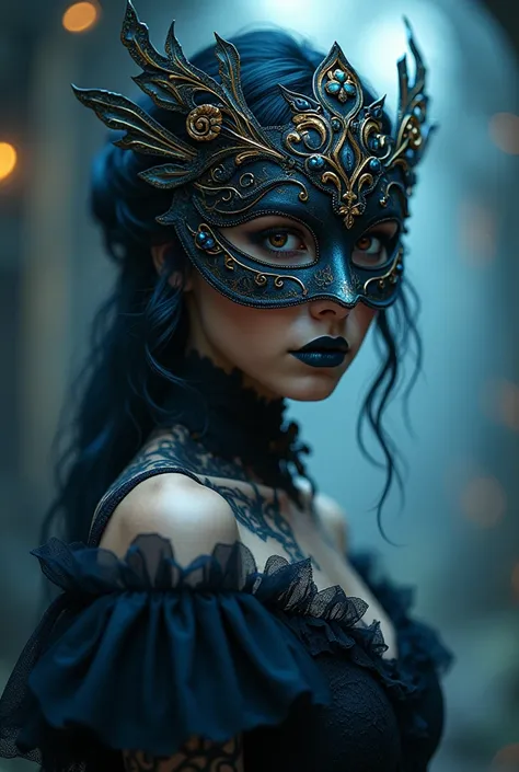 Magic style, 
Beauty,realism,chiaroscuro,cinematic quality,rays of light,play of shadow and light, Abstract Lighting Effects, Gothic girl in a masquerade mask in the Baroque style, with gold and indigo decorative details, rough style