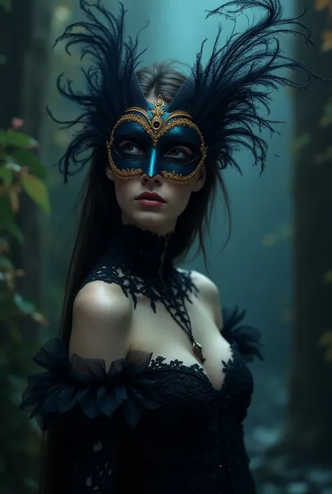 Magic style, 
Beauty,realism,chiaroscuro,cinematic quality,rays of light,play of shadow and light, Abstract Lighting Effects, Gothic girl in a masquerade mask in the Baroque style, with gold and indigo decorative details, rough style