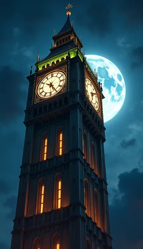 masterpiece, best quality, (8k, 8k highres, RAW photo, photorealistic:1.4), night scene, majestic clock tower, full moon behind tower, glowing windows, giant clock face approaching midnight, ornate architecture, dramatic angle from below, mystical atmosphe...