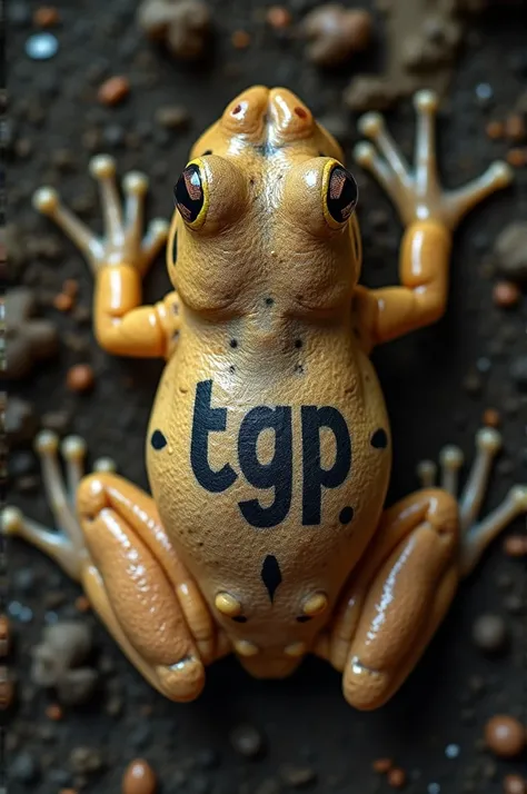  Create a photographic image of a frog seen from above. On its back is marked  :  TGP DE MEAUX . 