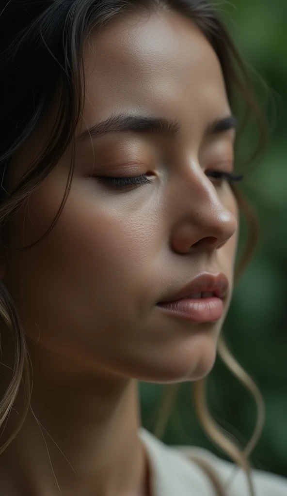 "Close-up of a person with eyes closed in deep meditation, showing a serene and focused face, capturing the essence of self-awareness and introspection."
