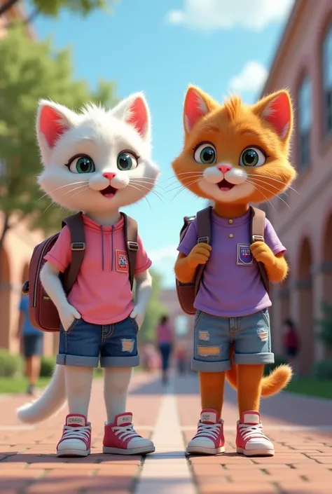 3d cartoon " A white cat kitty girl who wears pink jeans shirt and a brown cat kitty girl who wears purple jeans shirt were in college with college bag " 