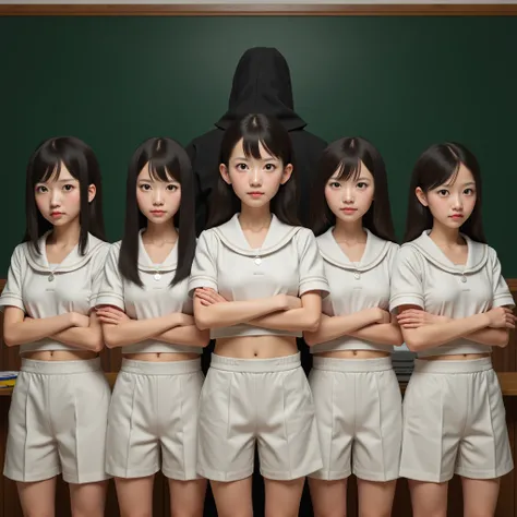 (((best quality, Masterpiece, Realistic photos, very detailed, ((Photography)), Ultra high resolution, raw:1.3))), five Woman in front of classroom, japanese girls, ((white crop top student sailor suit)), Form in a single file line, no pants, open navel, o...