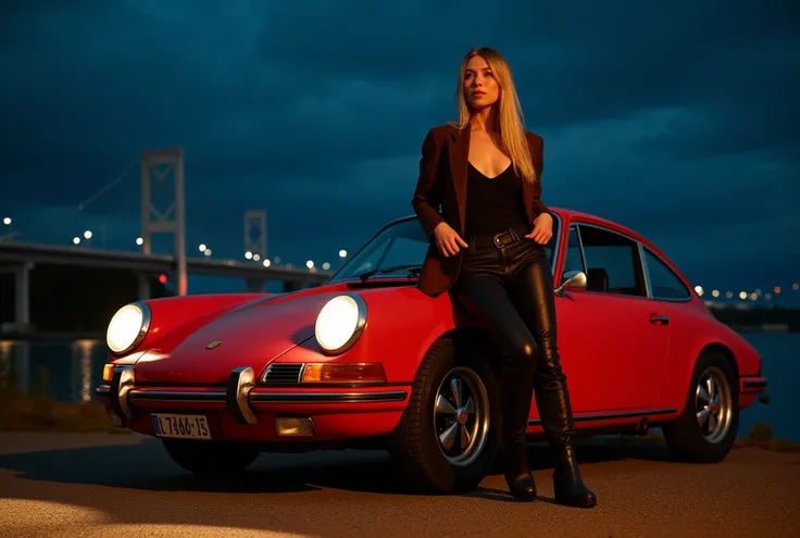 masterpiece, 1 woman is leaning against the car,(Blonde,Long Hair, straight hair , outfit is an overall chic color , dark brown jacket ,black  Uneck T-shirt,black leather jeans , boots),car( deep olive ,Car type , Porsche old 911 , Porsche 911S ), Hi-Res, ...