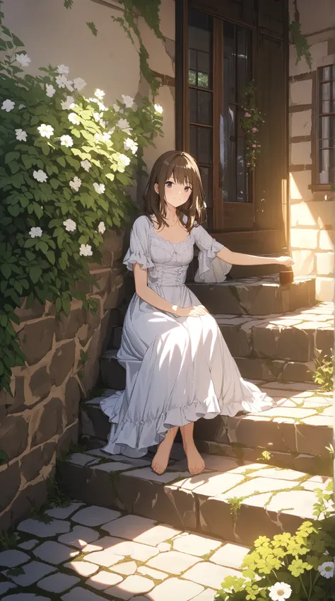 (Cobblestone Stairs),  Weathered Stone Shades , Overgrown Flowers , Morning Light, ( warm atmosphere :1.2), Soft Shadows, break,  Girl Sitting on the Stairs , ( cute face),  medium hair,  Fantasy World Mini Dress,  Clear Fabric ,  medium breasts,  Pottery ...