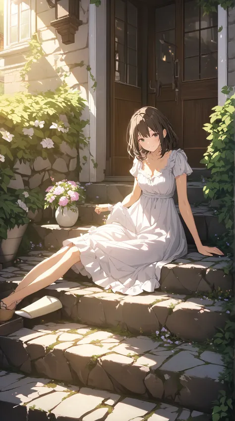 (Cobblestone Stairs),  Weathered Stone Shades , Overgrown Flowers , Morning Light, ( warm atmosphere :1.2), Soft Shadows, break,  Girl Sitting on the Stairs , ( cute face),  medium hair,  Fantasy World Mini Dress,  Clear Fabric ,  medium breasts,  Pottery ...