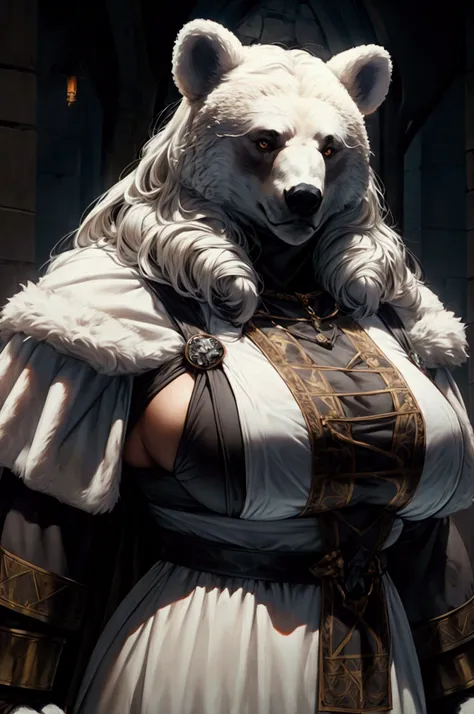 medieval dark fantasy, strong bear-woman, human head, bear body completely cover in white bear fur