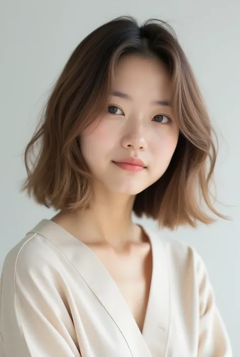 A high-quality photo of a Japanese woman with a relaxed, effortless bob cut in a soft milk tea brown color. Her hair length falls between her earlobe and shoulder, with subtle layers that create natural volume around her face. The texture is smooth with a ...