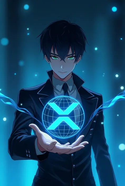 「 male character with a cool expression 、 wears a modern suit based on black and white 、 futuristic design with blue accents 。Short hair、He has black hair 、 creates a calm and intellectual atmosphere 。 digital waves and fluid energy flow in the background,...