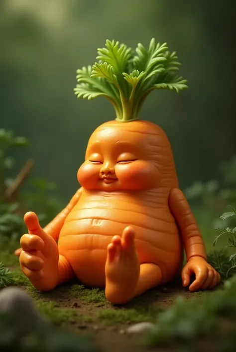 A carrot that has human hands and feet and is lying down