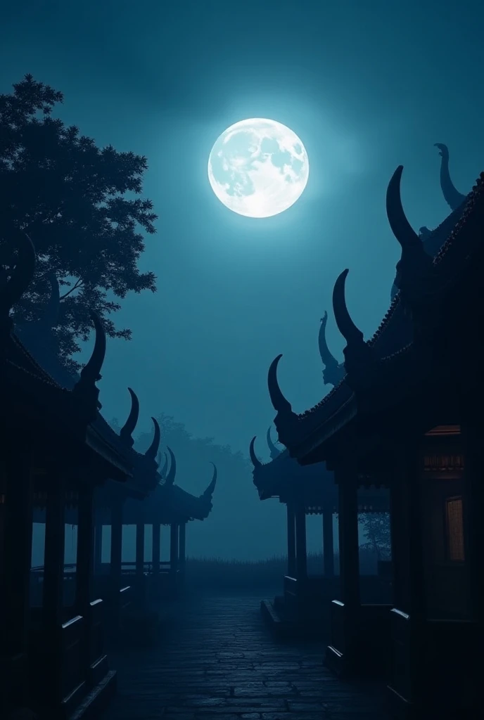 The silhouette of traditional Thai architecture under soft moonlight, intricate wooden carvings and pointed roof details, faint shadows from nearby trees, the moon shining brightly above, calm and peaceful night, cinematic composition, realistic and highly...