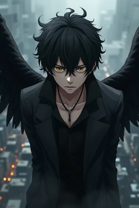 male、 handsome、Droopy eyes、broken black angel ring、Black Hair、Black wings on the back、 anime style、 hair hanging over shoulders, Overlooking, Yellow lines on the hair 、anger、Natural disaster