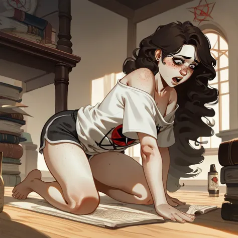 Oil painting of a young sexy teen Girl in oversized Shirt and Shorts,  score_9up, score_8up, closeup,  Bent over, kneeling on bedroom floor, 1girl, ill-fitting Male T-Shirt slipping Off shoulder, solo, (nipslip), ((Open occult book lying on ground)), shock...