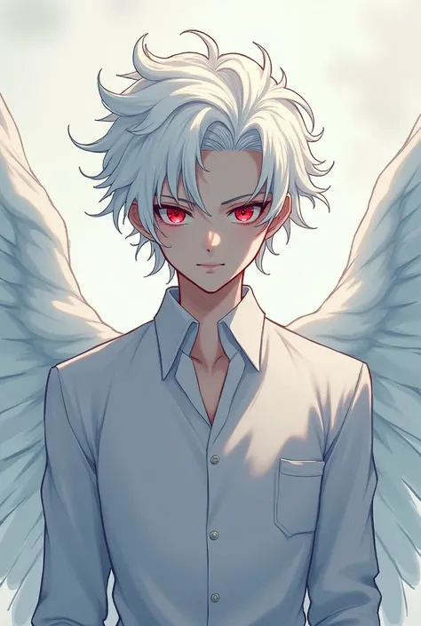 male character, short white hair, completely white skin as if it were a deity, Eyes red. anime dash 