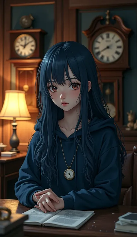 masterpiece, best quality, beautiful teenage girl with long navy blue hair, pale skin, oversized hoodie, brass pocket watch necklace, sitting at vintage wooden desk, multiple antique clocks on dark wood-paneled walls, warm lamp light mixing with evening li...