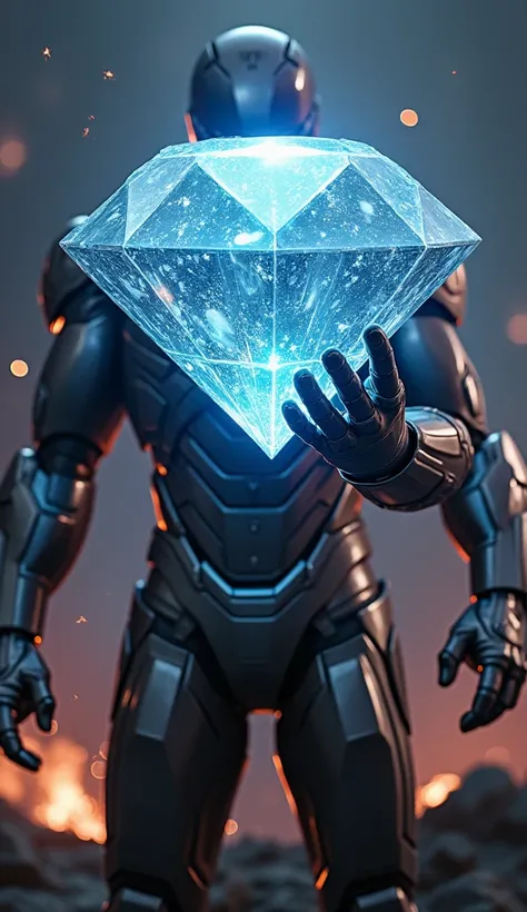 Imagine Iron Man holding a massive, radiant diamond in one hand. His suit, made of sleek, metallic armor, contrasts with the brilliance of the shimmering diamond, which glows with multiple facets of light. The diamond emits a powerful aura, casting reflect...