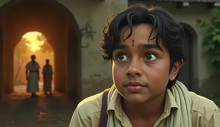 A young boy named Ravi stands at the entrance of a quiet village with old, rustic houses. In the background, the sun is setting, casting a dim orange glow, and the surrounding trees have eerie shadows. His grandparents, dressed in traditional rural clothin...