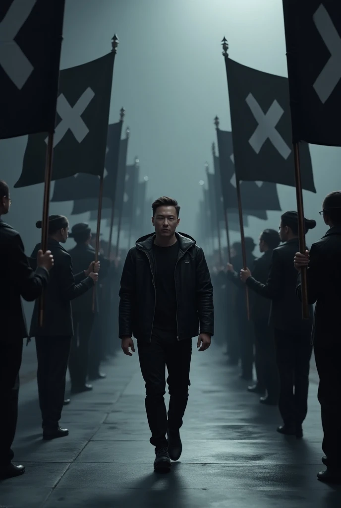 "A digital artwork featuring Elon Musk looking like a 6, cute boy walking forward in a futuristic, slightly mysterious setting. People are behind him holding black flags, each with a large X symbol, inspired by his social media platform logo. The setting i...