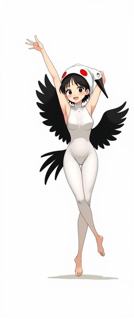 {the most kind and thinest asian teenager girl with beautiful cheeks wears white crane lycra turtleneck unitard catsuit with black crane tail and black crane costume wings and always wearing white seamless print lycra inner cap-like swimming cap hood-like ...