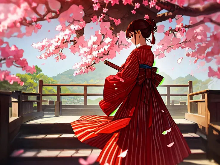 Illustration of a young girl with reddish-brown hair tied high in the back Wearing a long skirt with red and red vertical stripes under a cherry blossom kimono Holding a sword that has been drawn The background is a Japanese-style garden 
